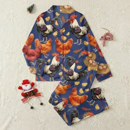 Farm Animal Lovers' Rustic Watercolor Farmyard Roosters Hens Chicks Egg Pattern on Indigo Blue Satin Pajamas Set