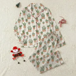 Women's Rustic Off-White Hand-Drawn Houseplant Macrame & Succulent Pattern in Olive Sage Green Tones Satin Pajamas Set