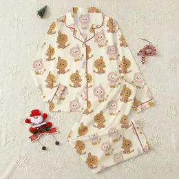 Whimsical Style Fans' Crocheted Lion Bunny All-Over Pattern: Soft Brown, Mustard, Pastel Pink Satin Pajamas Set
