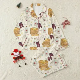 Children's Whimsical Pancakes & Pajamas Golden Brown Syrup Bottles Plaid Pastel Pink Blue Heart Pattern Satin Pajamas Set