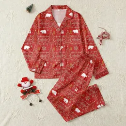 Families' Vibrant Christmas Red Nordic Pattern with White Graphic Trees, Gold Stars, Snowflakes & Whimsical Polar Bears Satin Pajamas Set