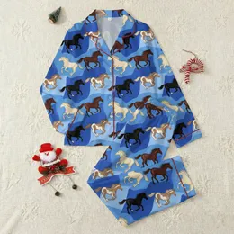 Children's Realistic Galloping Wild Horses Pattern Chestnut Tan Indigo Blue Sky Satin Pajamas Set