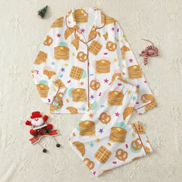 Sweet Treat Fun Lovers' Playful Scattered Golden Pancakes Waffles Croissants Pretzels & Colorful Jelly Beans with Stars & Watercolor Splotches on White Satin Pajamas Set