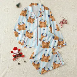 Pancake Lovers' Whimsical Watercolor Stacked Pancakes, Whipped Cream, Blueberries, Caramel, Mint & Pastel Blue Stripes Satin Pajamas Set