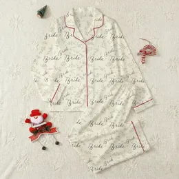 Women's Bridal Party Elegant Script "Bride" Cream & Black Botanical Print Design Satin Pajamas Set