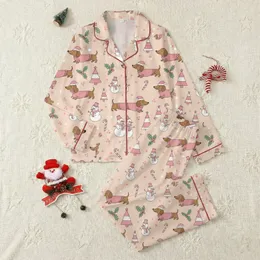 Dachshund Lovers' Whimsical Cartoon Dachshunds Pink Sweater Santa Hat Snowmen Peach-Pink Christmas Pattern Satin Pajamas Set