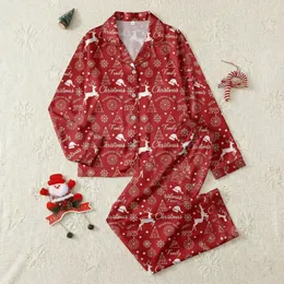 Festive Family Enthusiasts' Crisp White Reindeer Tree Snowflake Pattern with 'Christmas Family Making Memories 2025' Text on Rich Red Background Satin Pajamas Set