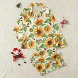 Sunflower Lovers' Hand-Painted Cream Yellow Watercolor Orange-Yellow Sunflower Aqua Butterfly Floral Pattern Satin Pajamas Set
