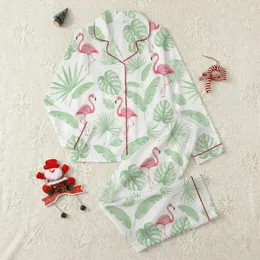Women's Vibrant Pink Flamingo & Emerald Green Tropical Leaf Watercolor Pattern Satin Pajamas Set