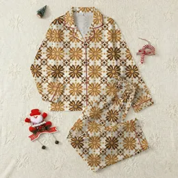 Boho Mid-Century Modern Enthusiasts' Warm Tan Sepia Brown Geometric Floral Folk Art Pattern with Aged Cream Background Satin Pajamas Set