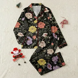 Cottagecore Enthusiasts' Vintage Dark Botanical Floral Art, Muted Peach Coral Lilac Blooms, Olive Green Foliage on Black Satin Pajamas Set