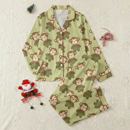 Animal Lovers' Whimsical Olive Green Crocheted Monkey Seamless Pattern with Warm Brown Cream Details Satin Pajamas Set