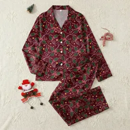 Families' Classic Illustrative Holly Branch & Berry Pattern in Deep Maroon & Forest Green with Gold Accents Satin Pajamas Set