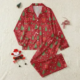 Festive Families' Vibrant Red Whimsical Christmas Pine Tree Candy Cane Holly Pattern Satin Pajamas Set