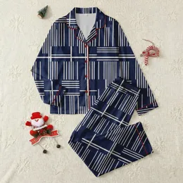 Preppy Style Women's & Teen's Dark Indigo Blue Off-White Minimalist Geometric Pinstripe Grid Pattern Satin Pajamas Set
