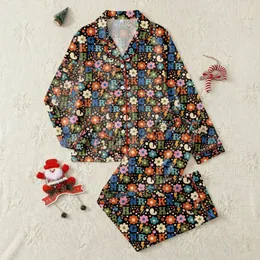 Retro Enthusiasts Groovy 70s Muted Teal Orange Pink Olive Beige Letter Floral Lightning Bolt Geometric Pattern on Black Satin Pajamas Set