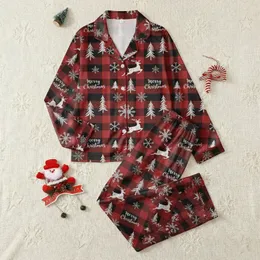 Festive Celebrators' Red Black Buffalo Plaid Vintage Christmas Motifs Distressed Merry Christmas Script Satin Pajamas Set