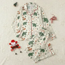 Little Ones' Adorable Woodland Forest Animals Cream Green Orange Hand-Drawn Pattern Satin Pajamas Set