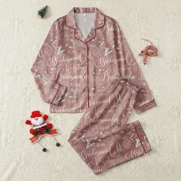 Women's Elegant Blush Pink White Bridal Script Rose Lily Outline Pattern Satin Pajamas Set
