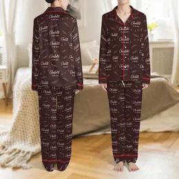Bridal Party Members' Elegant Deep Reddish-Brown White Script Name Date Heart Botanical All-Over Pattern Satin Pajamas Set