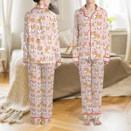 Corgi Lovers' Playful Cartoon Corgi Pattern with Tan Cream and Brown Hues, Bone Shapes, and Paw Prints on Pastel Pink Satin Pajamas Set