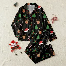 Family Whimsical Christmas Pattern with Red Santa Hats, Green Trees, Brown Reindeer, Holly, Snowflakes, & Multicolor Lights Satin Pajamas Set