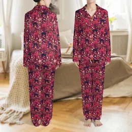 Greyhound Lovers' Deep Magenta Berry Red Olive Green Folk Art Abstract Greyhound Silhouette Floral Pattern Satin Pajamas Set