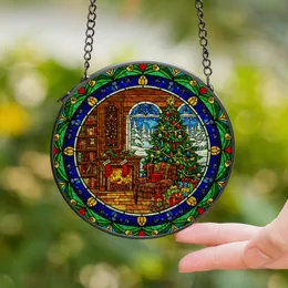 Christmas Lovers' Detailed Stained Glass Christmas Tree Fireplace Winter Scene Jewel Tones Stained Glass Suncatcher