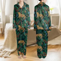 Elegant Women's Emerald Leopard French Collar Summer Loose Fashion Satin Pajamas Set