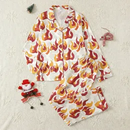 Women's Cozy Interlocking Flame Cloud Long Sleeve High Collar Fleece Pajama Set Satin Pajamas Set