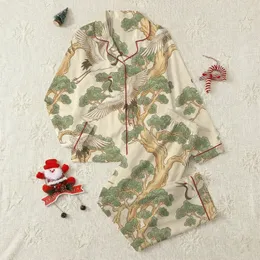 Women's Off-White Crane & Ancient Tree Pajamas: Asian Art Print Sleep Loungewear Satin Pajamas Set