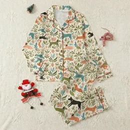 Relaxed Puppy Folk Art Mid-Century Botanical Dog Print Open Front Long Sleeve Puff Sleeve Sleepwear Set Satin Pajamas Set