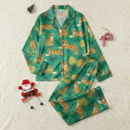 Women's Collared Emerald Tiger Loungewear: Retro Tropical Graphic Pajama Set Satin Pajamas Set