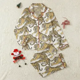 Women's Hand-Drawn Tiger Print Pajama Set: Metallic Gold Accents, Short Sleeve Collared Top Satin Pajamas Set