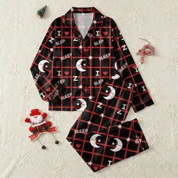 Women's Autumn Winter Plaid 'I SLEEP ZZZ' Heart Moon Star Print Long Sleeve Lounge Wear Satin Pajamas Set