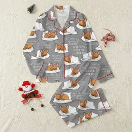 Women's Cozy Chihuahua Sleep Set: Flat Cartoon Sleeping Dogs, 'Steal Your Heart, Steal Your Bed' Quote, Heather Grey Satin Pajamas Set