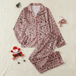 Women's Muted Rose 'LET ME SLEEP' Text, Moon, Star & Zzz Pattern Long Sleeve Loungewear Satin Pajamas Set