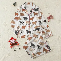 Unisex Chibi Cow: Playful All-Over Fluffy Highland & Holstein Cartoon Calf Print Pajamas Satin Pajamas Set