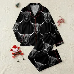 Highland Cow Lover All-Over Monochrome Cow Head Pattern Garment-Dyed Sleep Top Satin Pajamas Set