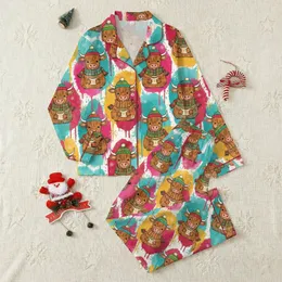 Women's Christmas Pajamas: Preppy Fluffy Highland Cow Pattern, Glitter Snowflakes Satin Pajamas Set