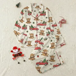 Highland Cow Christmas Loungewear: Whimsical Farm Truck & Presents Pattern Cozy Pullover Satin Pajamas Set