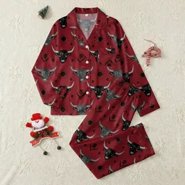 Men's Highland Cow Sleepwear: Red Bull Print & Thistle Pattern - All-Over Farm Animal Lounge Garment Satin Pajamas Set