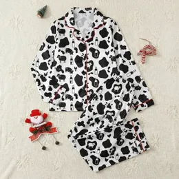 Women's Black & White Cow Spot Farm Animal Silhouettes Milk Bottle Print Satin Loungewear Satin Pajamas Set