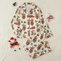 Cozy Christmas Highland Cow Pajamas: Fluffy Santa Hat & Vintage Truck Pattern Satin Pajamas Set