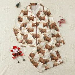 Farmhouse Christmas Highland Cow Sleep Set: Rustic Shaggy Cow Pattern, Festive Lights & Wreaths Satin Pajamas Set