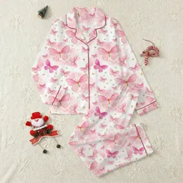 Women's Whimsical Pink Butterfly & Gold Star All-Over Print Satin Short Sleeve Pajamas Set Satin Pajamas Set