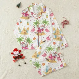 Women's Tropical Christmas Beach Party Satin Pajamas Set: Whimsical Santa & Flamingo Print Holiday Sleepwear Satin Pajamas Set