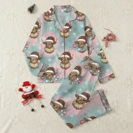 Festive Highland Cow Lover: Whimsical Cows Santa Hats Christmas Lights Pastel Teal Pink Design Satin Pajamas Set