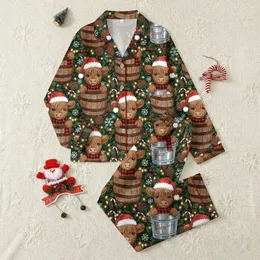 Rustic Christmas Pajamas: Fluffy Highland Cow, Santa Hat & Plaid Scarf Festive Pattern Satin Pajamas Set