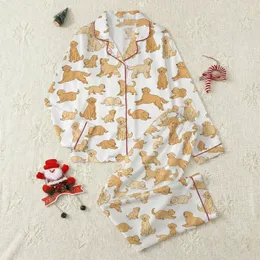 Golden Retriever Lover Satin Short-Sleeve Sleep Set: Cheerful Flat Dog & Puppy Print Satin Pajamas Set